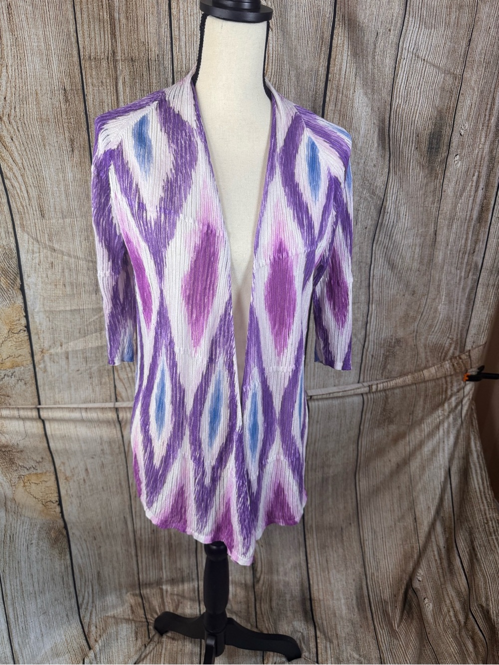 Chico's Purple and Blue Ikat Open-Front Cardigan